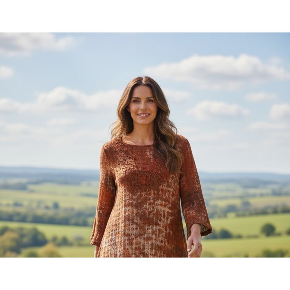 XCVI Tunic Top Womens L Brown Crochet Lace Boho Asymmetrical Hem